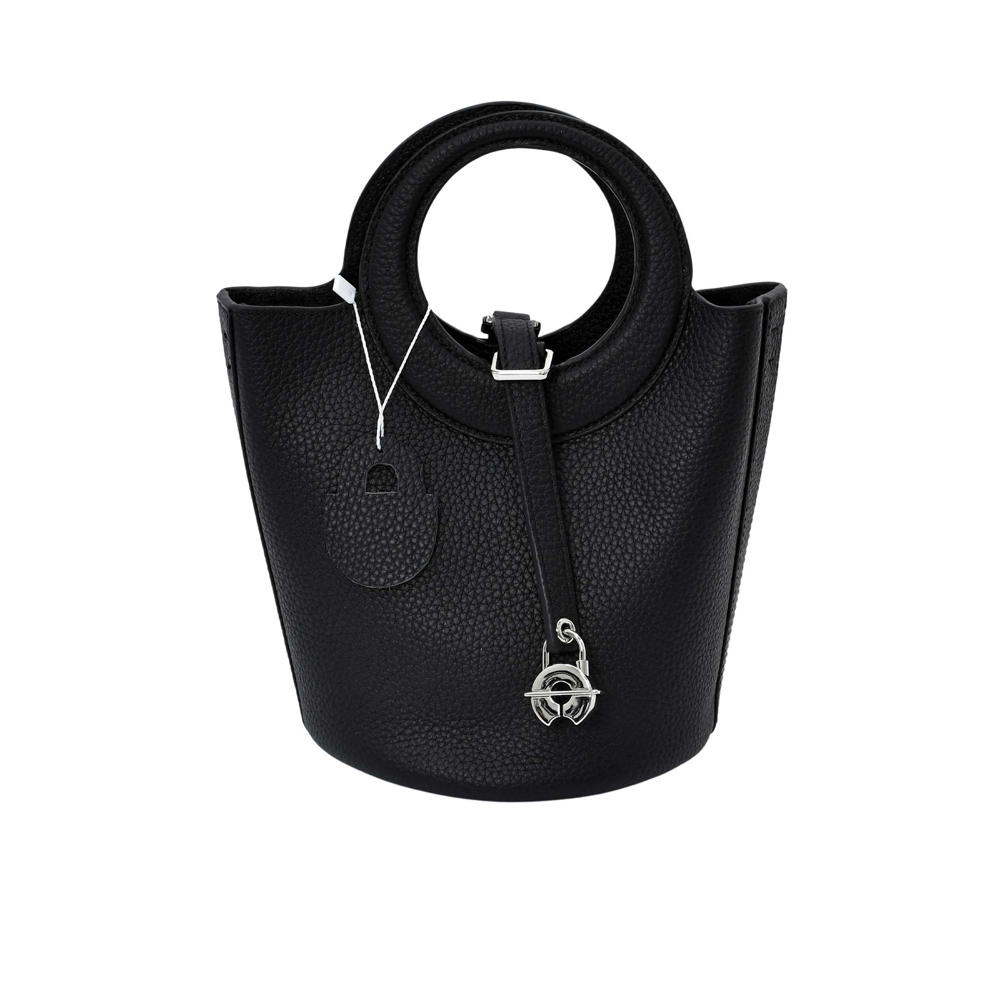 Karisma women’s leather bucket bag with circular handle and front strap closure