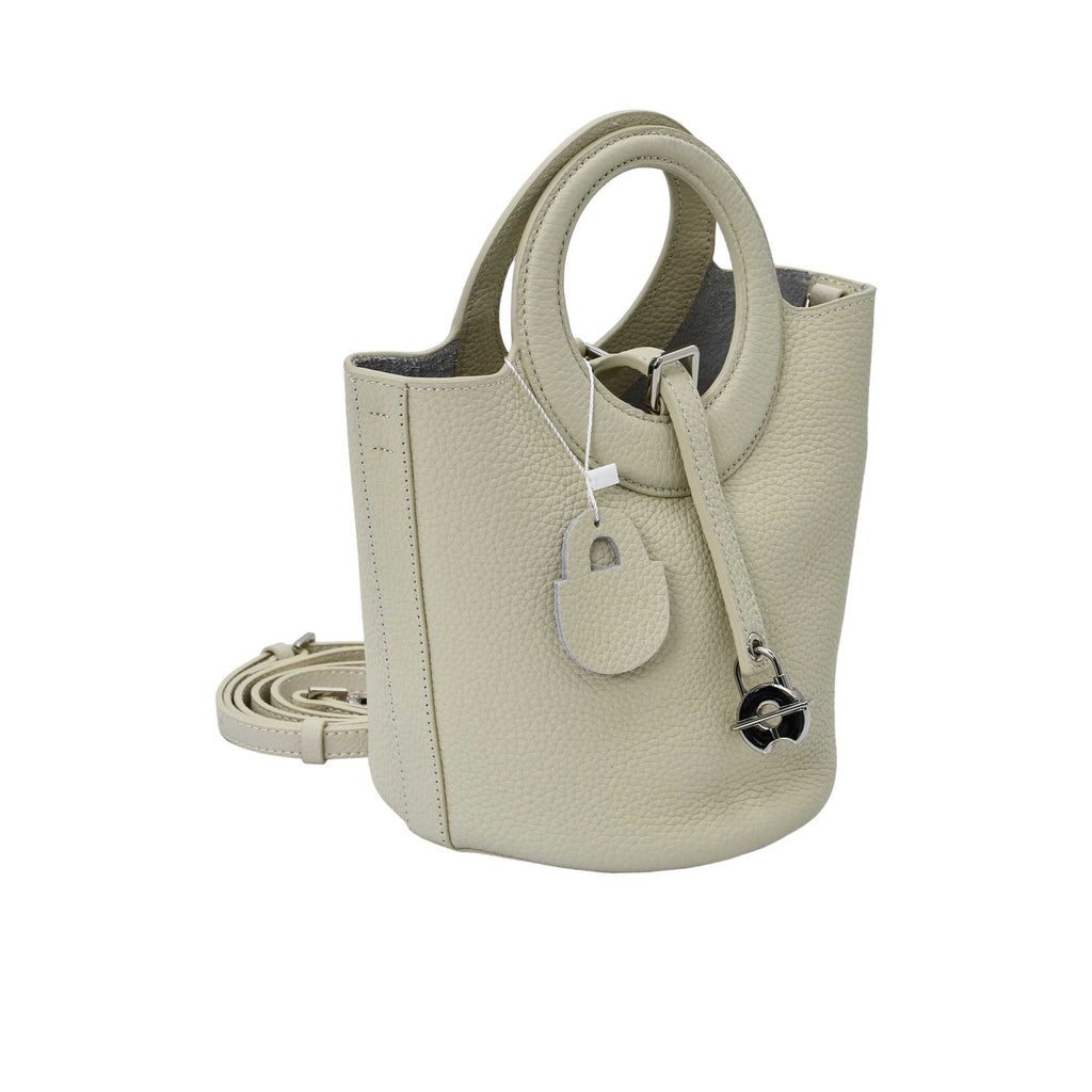 Karisma women’s leather bucket bag with circular handle and front strap closure