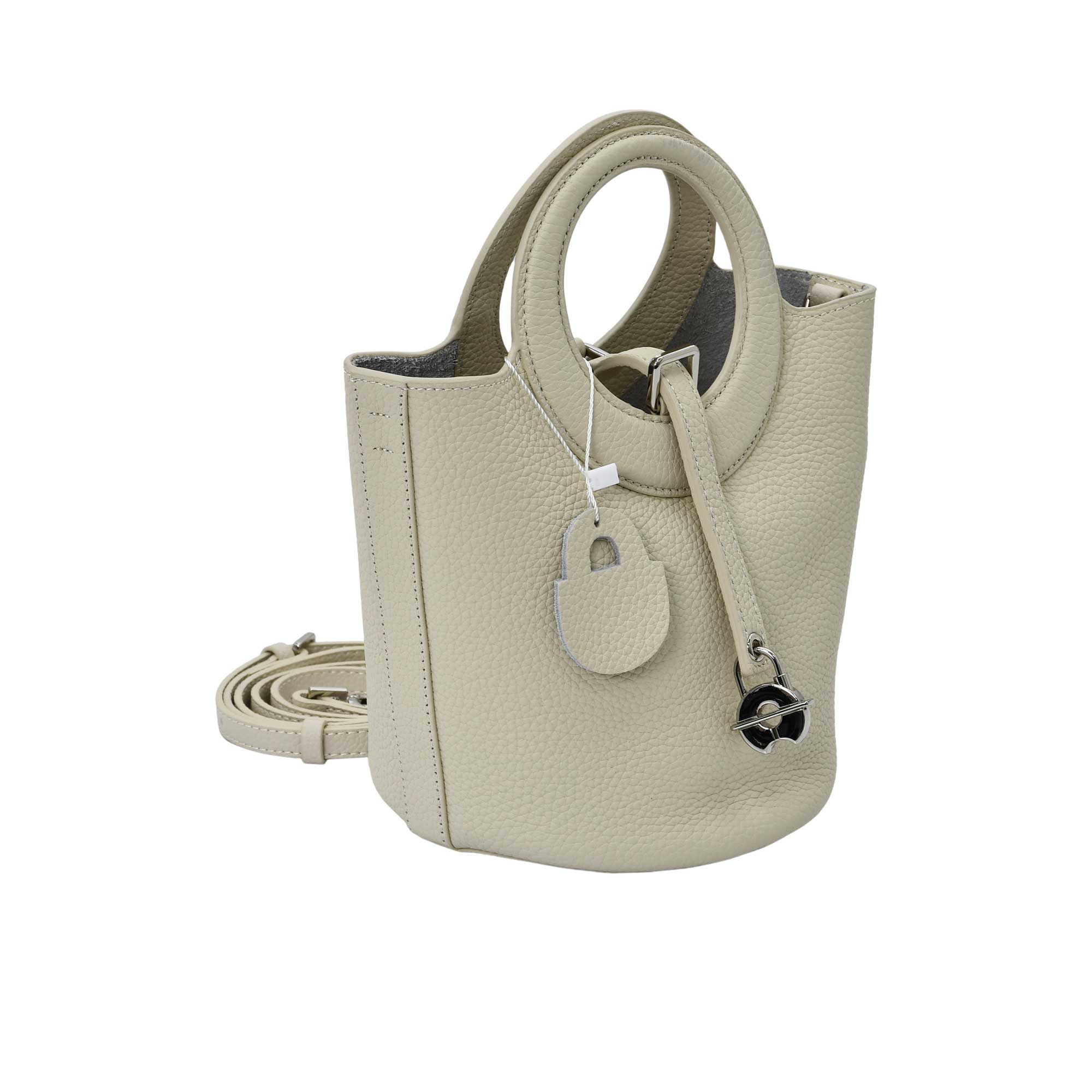 Karisma women’s leather bucket bag with circular handle and front strap closure