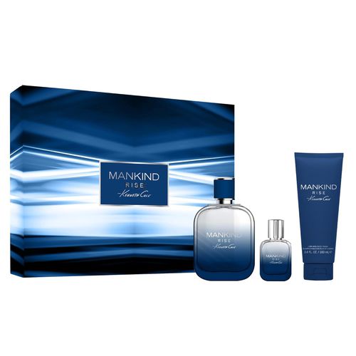 Kenneth Cole Mankind Rise 3-piece gift set for men with 100ml EDT, 15ml travel spray, and 100ml hair and body wash, available for online purchase at Paris Gallery Qatar