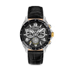 Saint Honore men's chronograph watch with a silver-toned metal case, black dial, gold-toned pushers, and a black crocodile-em