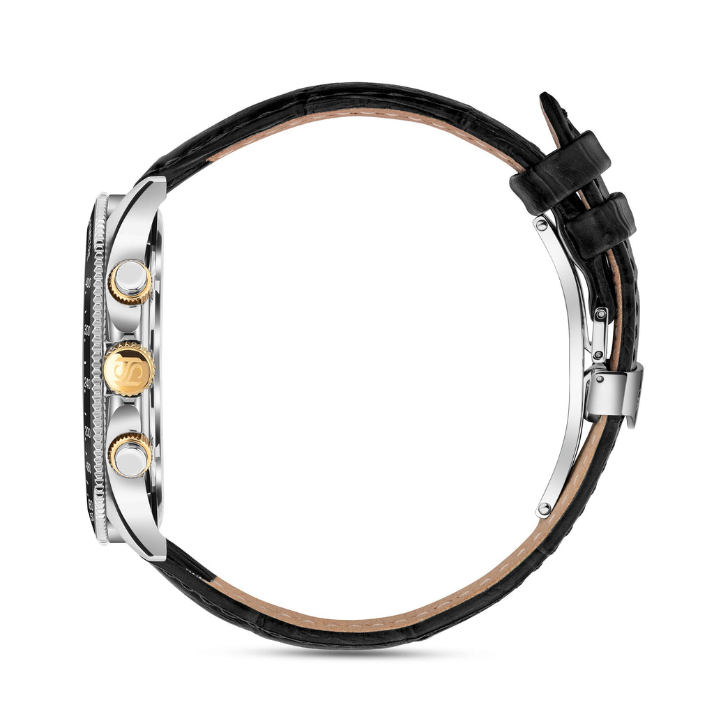 Silver-toned watch with black textured leather strap. It has a black bezel and three side buttons, including a gold-toned cro