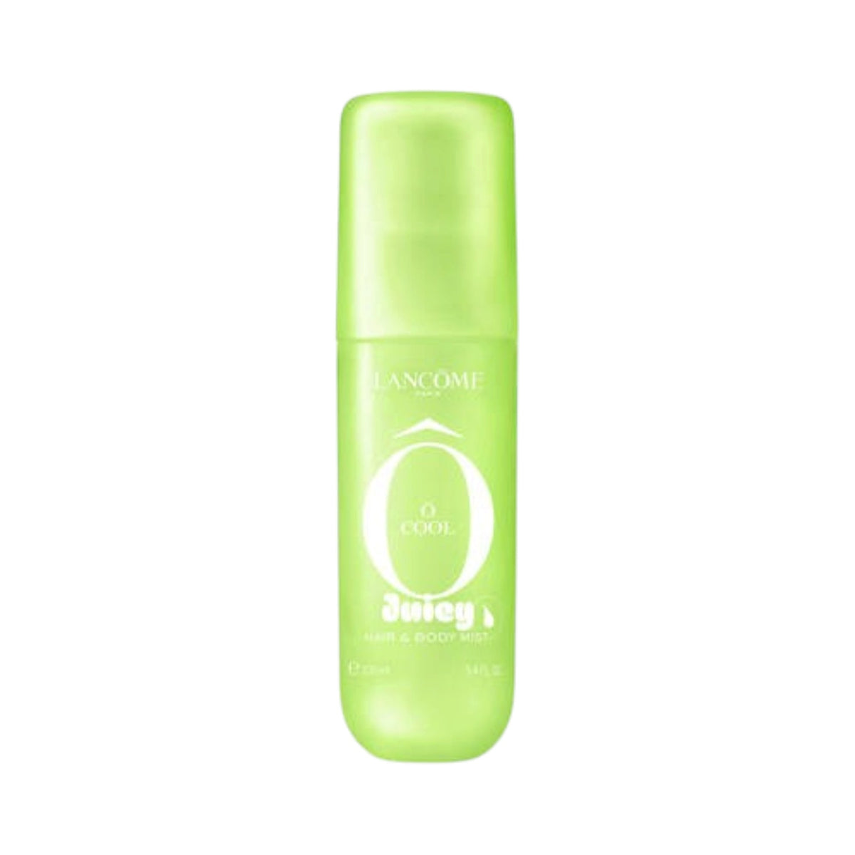 Translucent light green cylindrical bottle of Lancome O Cool Juicy Hair & Body Mist with a matching cap.