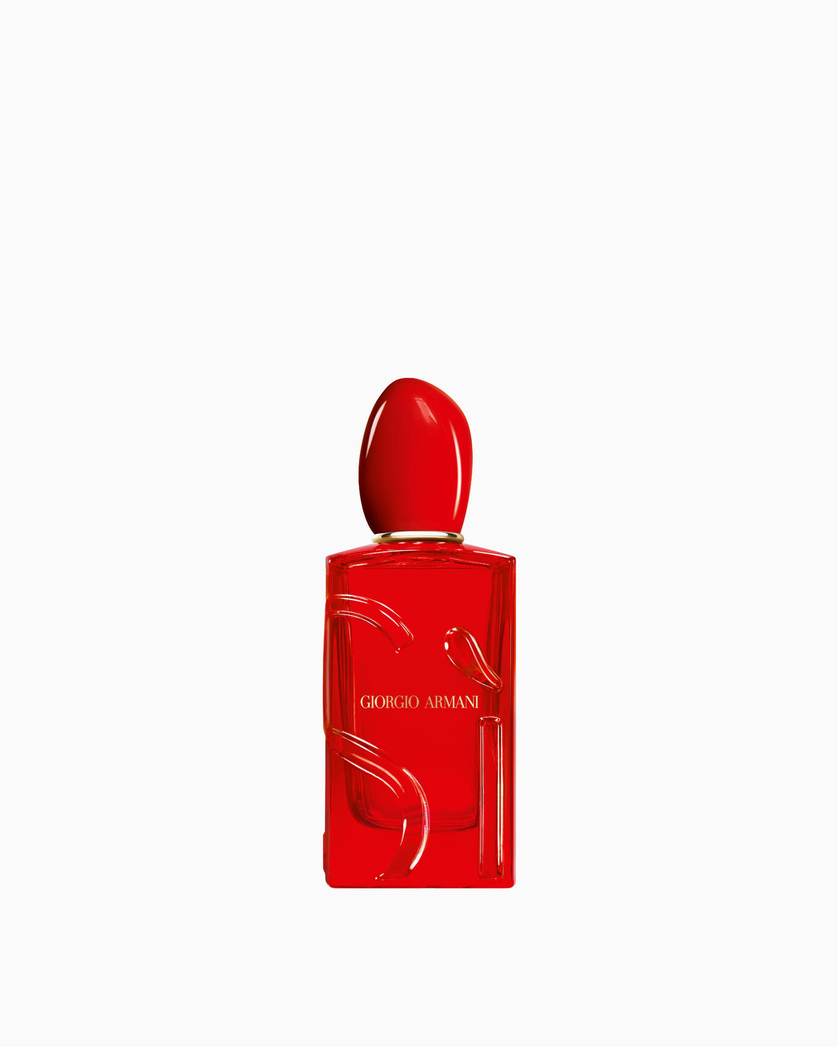 Red rectangular Giorgio Armani Sì Passione Eau de Parfum bottle with a glossy finish, sculpted cap, and embossed 'Sì' logo.