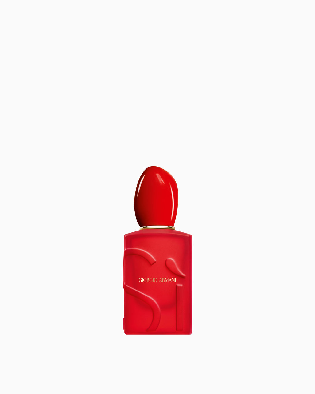 Red rectangular perfume bottle with a rounded red cap, gold-toned band, and raised 'Sì' lettering.