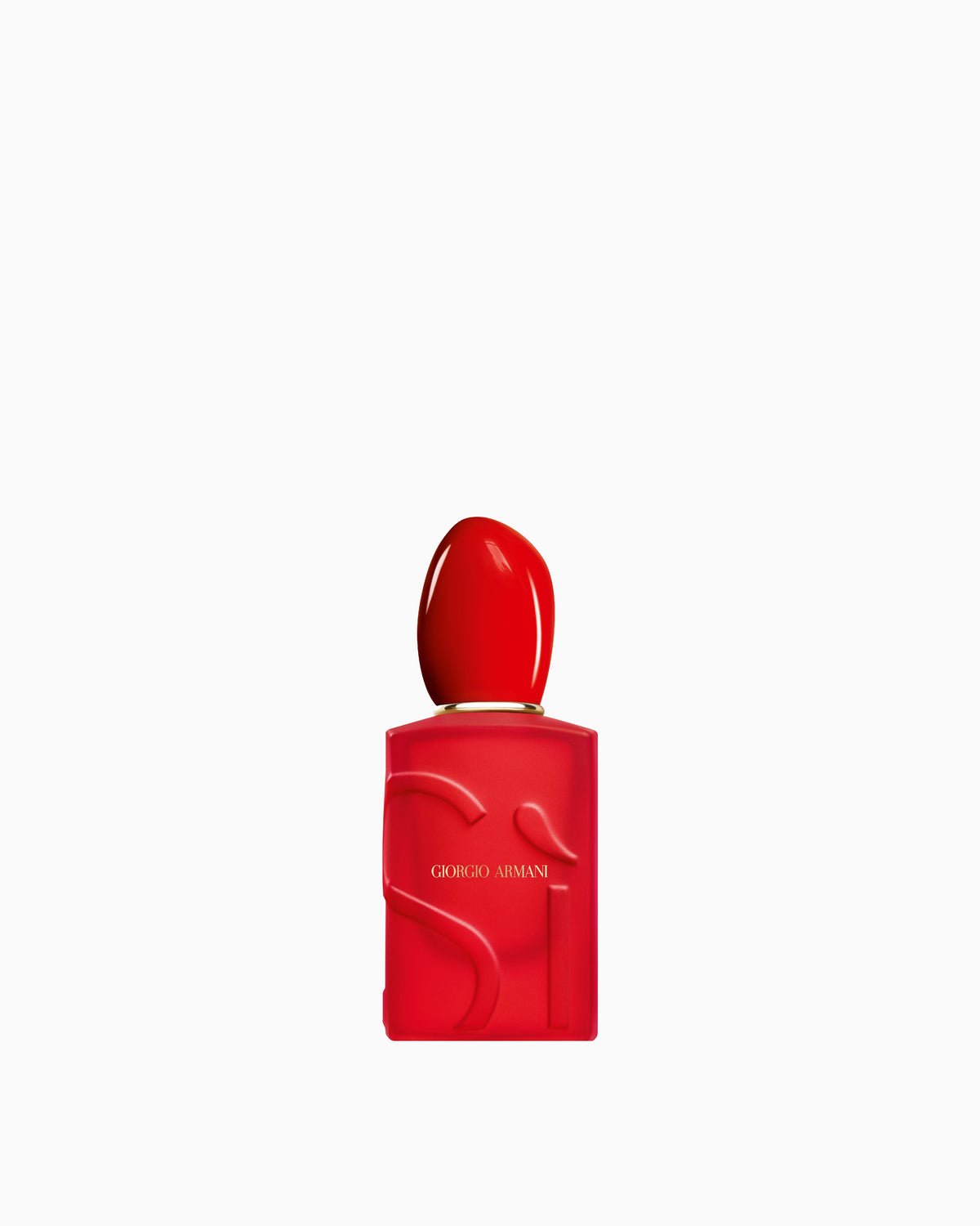Red rectangular perfume bottle with a rounded red cap, gold-toned band, and raised 'Sì' lettering.