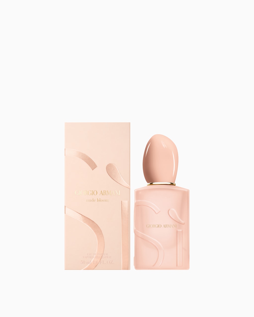 Light pink Giorgio Armani Si Nude Bloom Eau de Parfum bottle with an oval cap and matching box.