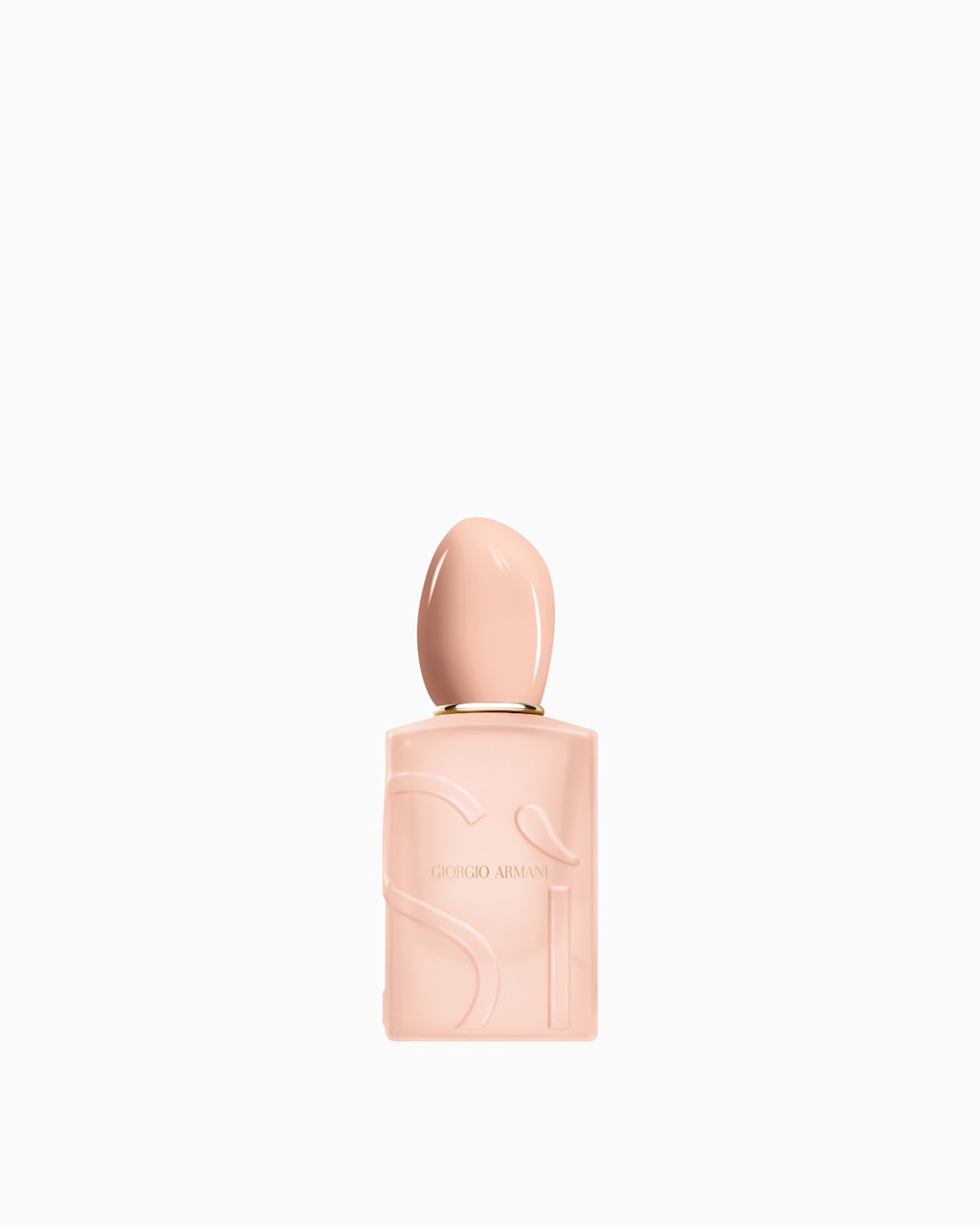Frosted light pink perfume bottle with a nude oval cap, gold-toned ring, and raised "SI" and "GIORGIO ARMANI" text.