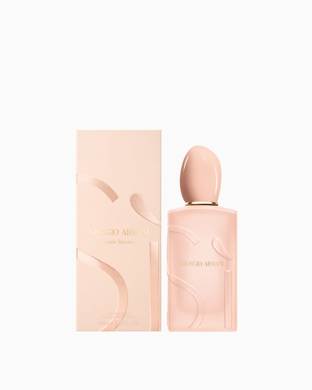 Light peach perfume bottle with a gold-toned neck and oval cap, featuring raised abstract shapes. Matching rectangular box wi
