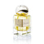 A close-up of the Lengling Munich Namui Extrait de Parfum glass bottle, showcasing the gold-hued fragrance, silver cap, and signature fabric label.