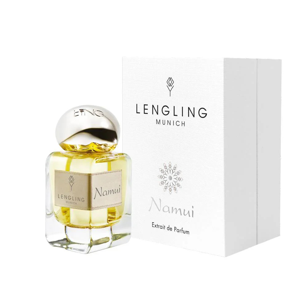 Lengling Munich Namui Extrait de Parfum bottle next to its white textured branded presentation box, featuring the signature logo and elegant gold-toned liquid.