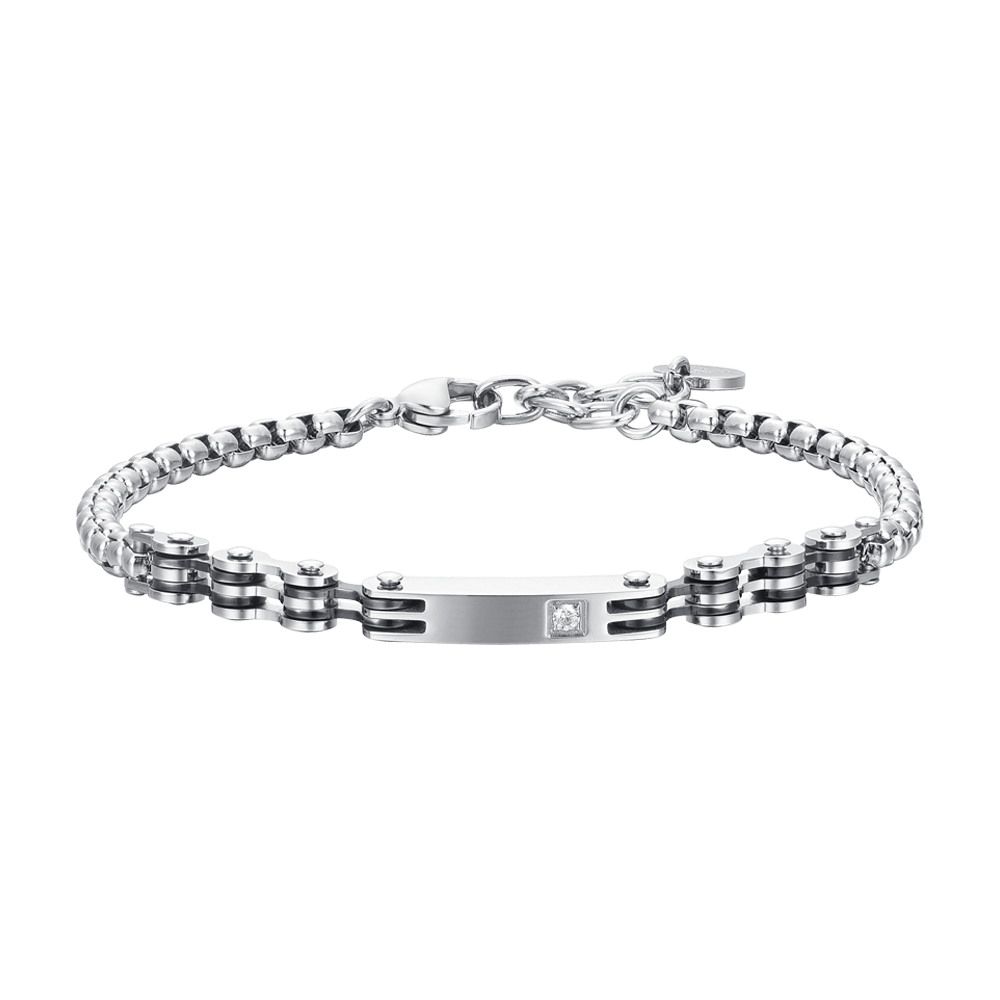Luca Barra men’s steel bracelet featuring black IP-plated elements and sparkling zircon, stylish and bold, available for online purchase