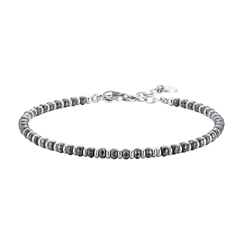 Luca Barra men’s steel bracelet with dark grey hematite spheres, modern masculine jewelry accessory, Available Now at Paris Gallery Qatar