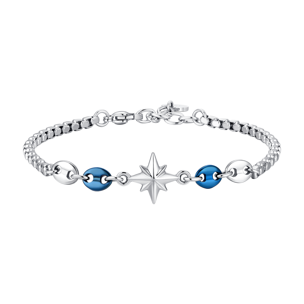 Luca Barra Men’s steel bracelet featuring a wind rose design with blue IP steel elements, blue tone, one size, Order Online at Paris Gallery Qatar