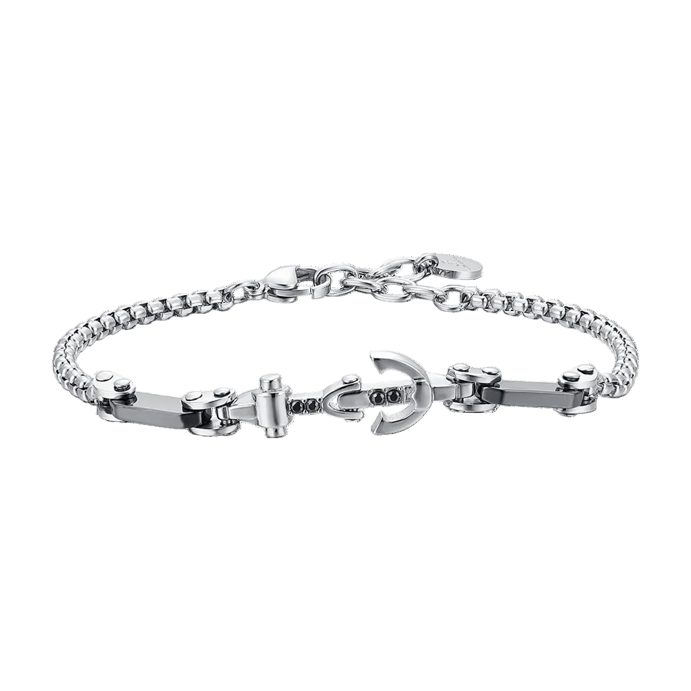 Luca Barra men’s steel bracelet featuring anchor design with black crystal accents, modern nautical style, available at Paris Gallery Qatar