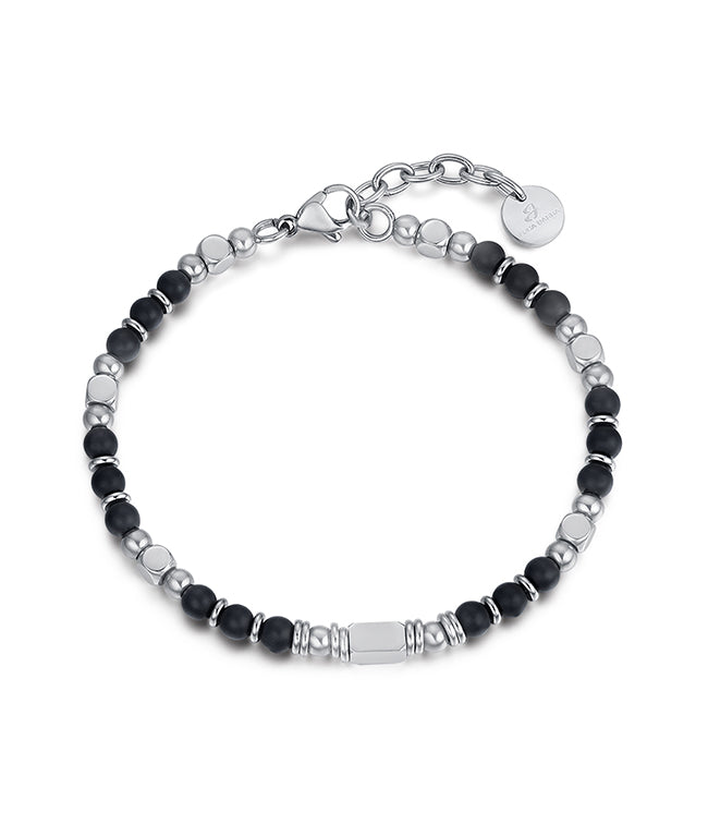 Luca Barra men’s steel bracelet featuring black agate stones, modern and stylish design, available at Paris Gallery Qatar