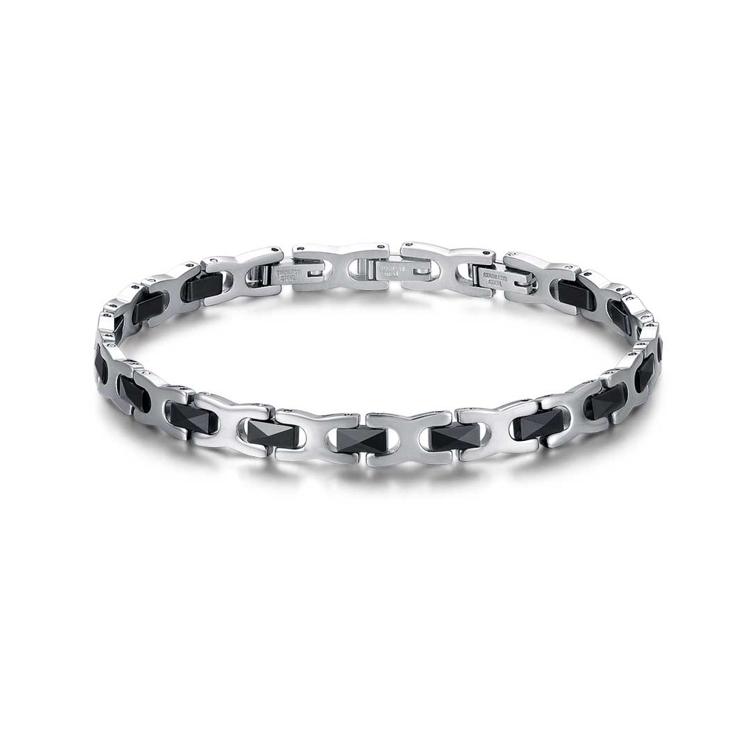 Luca Barra men’s steel bracelet featuring black ceramic elements, modern and masculine design, available at Paris Gallery Qatar