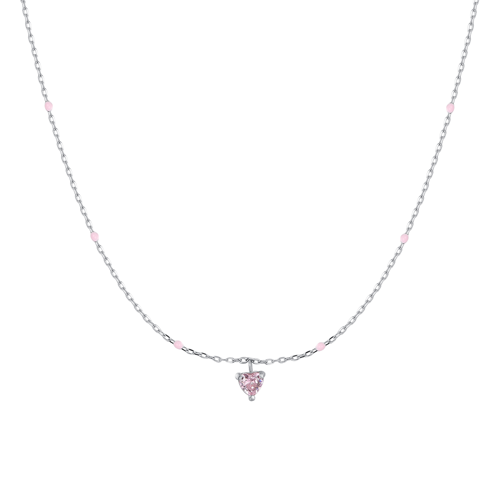 Luca Barra Girl's Steel Necklace with Pink Heart Zircon Crystals