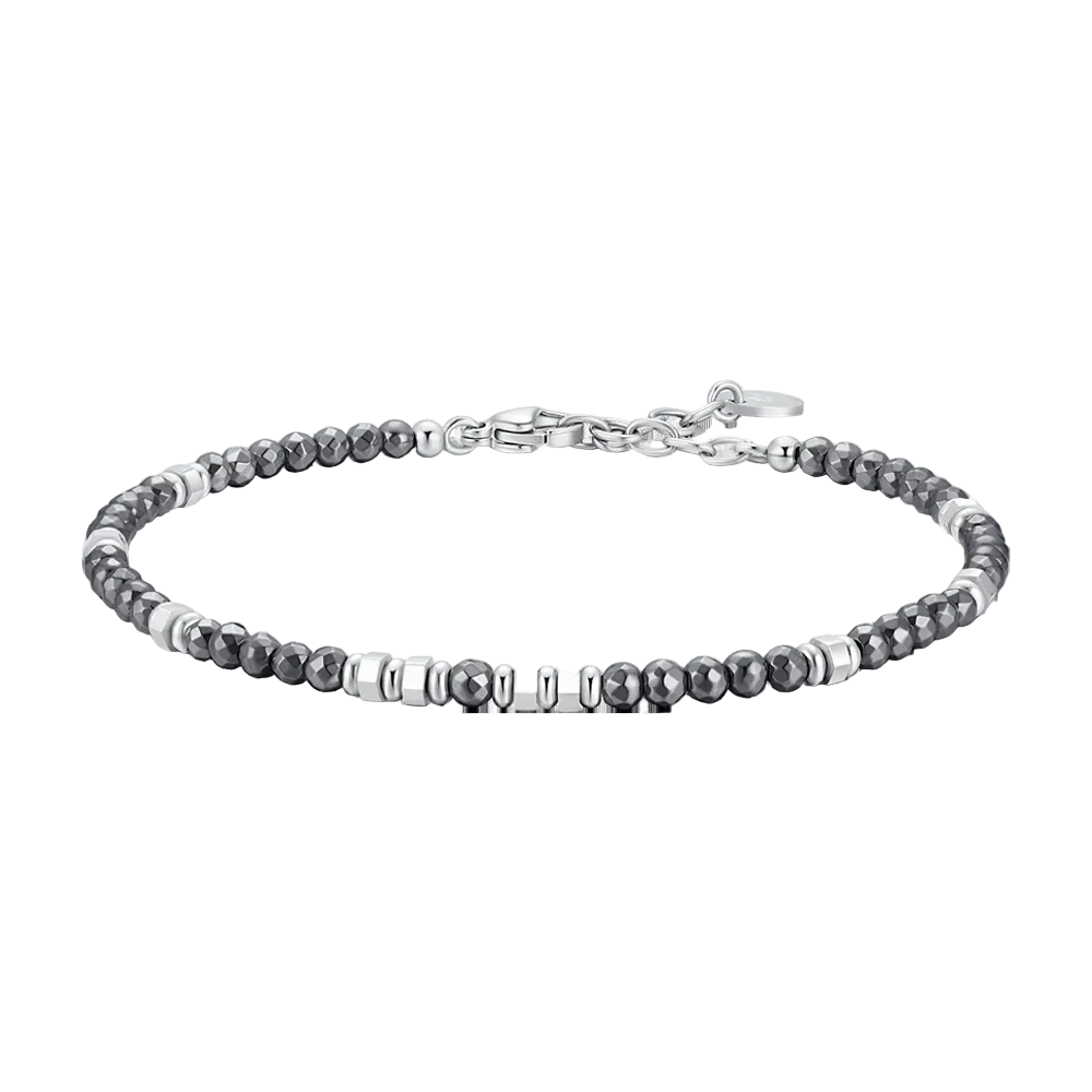 Luca Barra men’s steel bracelet with dark grey hematite spheres – Shop Now Online