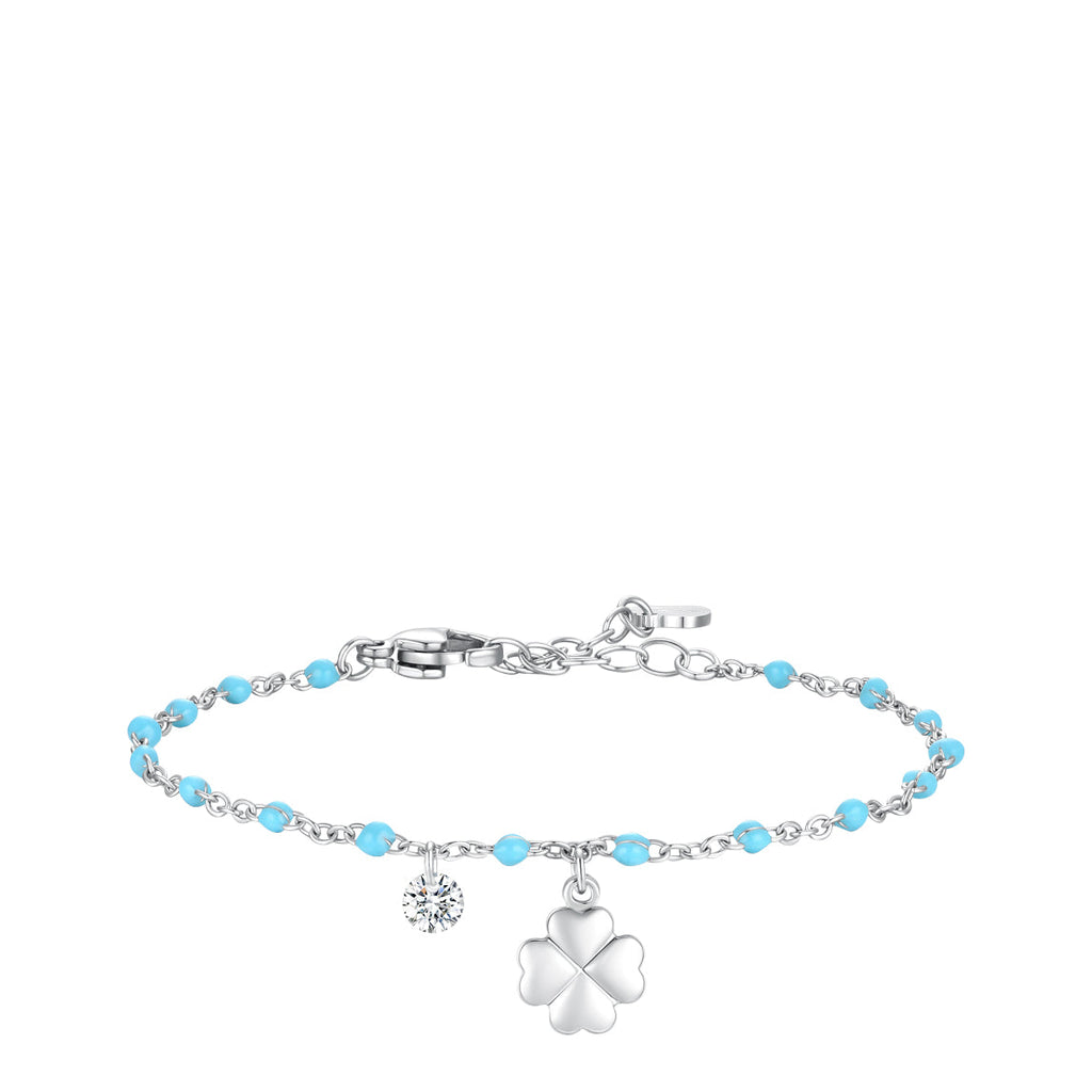Luca Barra silver steel anklet with turquoise stones, crystal charm, and four-leaf clover — Order Online Today