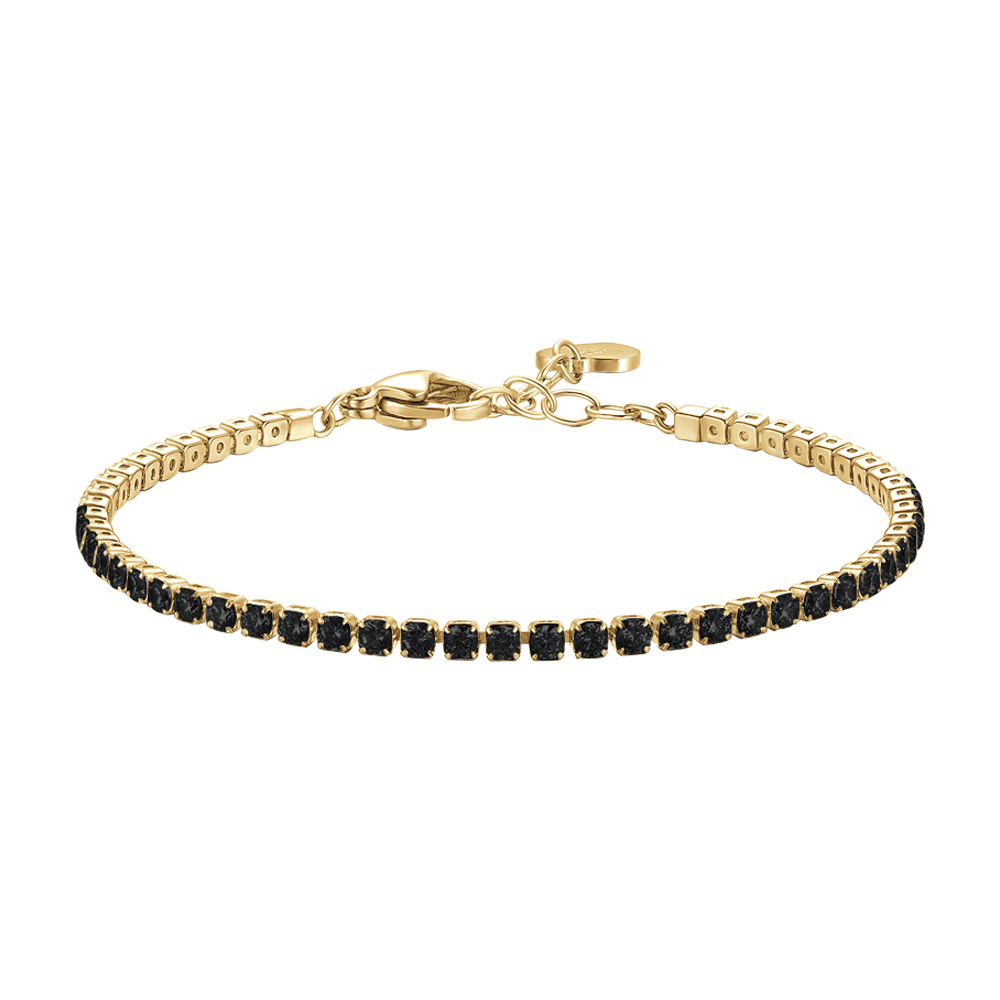Luca Barra women’s gold steel tennis bracelet with black zirconia stones, classic tennis bracelet design, Available for Online Purchase.