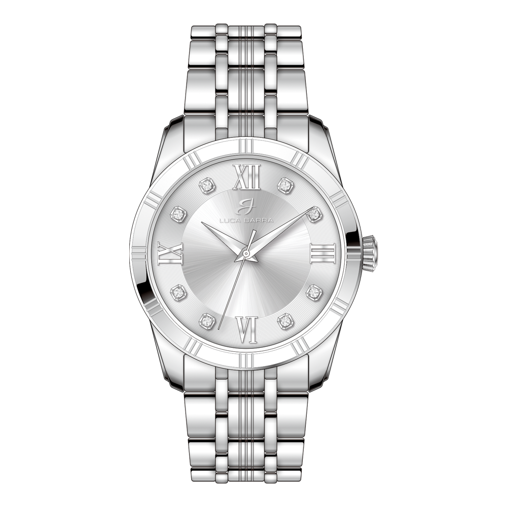 Luca Barra women's stainless steel watch with silver dial and Roman numerals, Available Online Today.