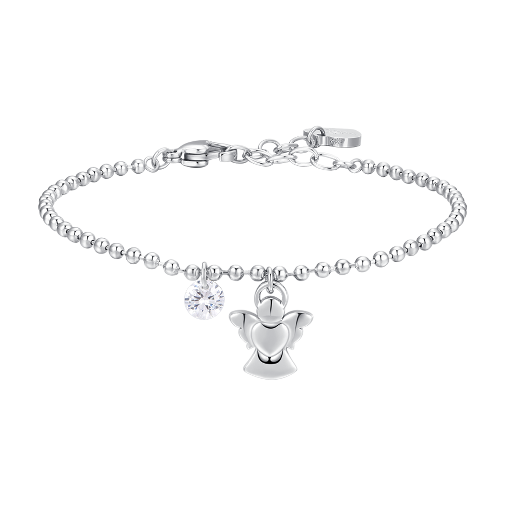 Luca Barra women’s steel bracelet with angel charm and white zircon detail, silver finish, Now Online.