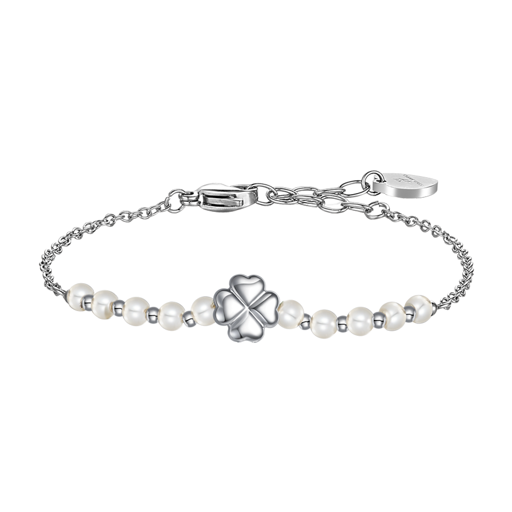 Luca Barra Women's Steel Bracelet with Four-Leaf Clover & White Synthetic Pearls