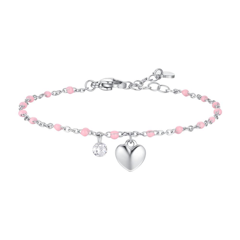 Luca Barra Women's Steel Bracelet with Heart, Crystal & Pink Enamel Stones