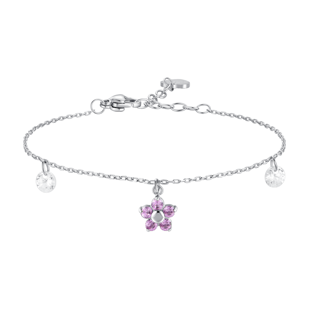 Luca Barra women’s steel bracelet with pink flower pendant and zircon petals, a feminine and elegant jewelry design. Shop Online Today.