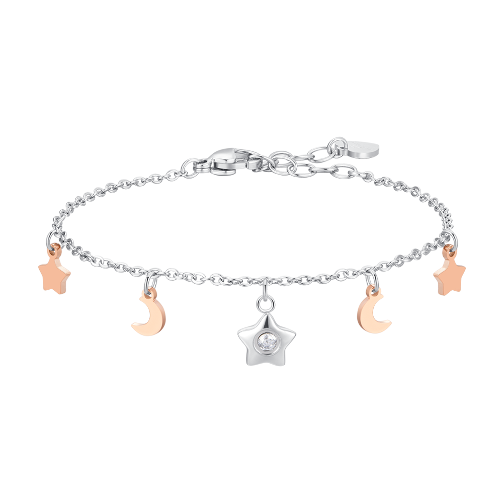 Luca Barra women’s steel bracelet with rose pink stars, moons and white zircon charm, polished finish, Find Now Online.