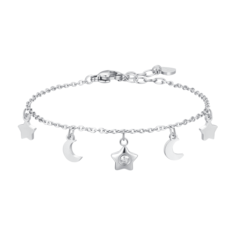 Luca Barra women’s steel bracelet with silver stars, moons, and white zircon charm, celestial jewelry design, Now Available Online