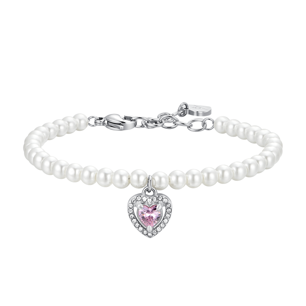 Luca Barra Women's Steel Bracelet with Synthetic Pearls & Pink Zircon Heart