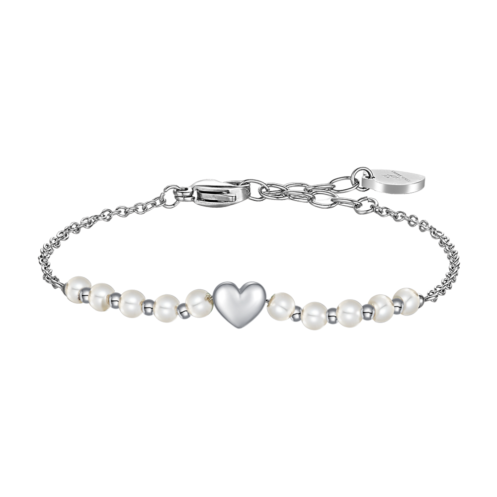 Luca Barra women’s steel bracelet with white synthetic pearls and heart detail, Now Available Online