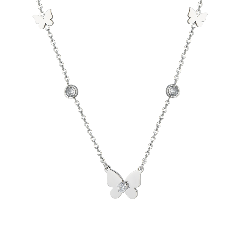 Luca Barra Women's Steel Necklace with Butterflies & White Zirconia