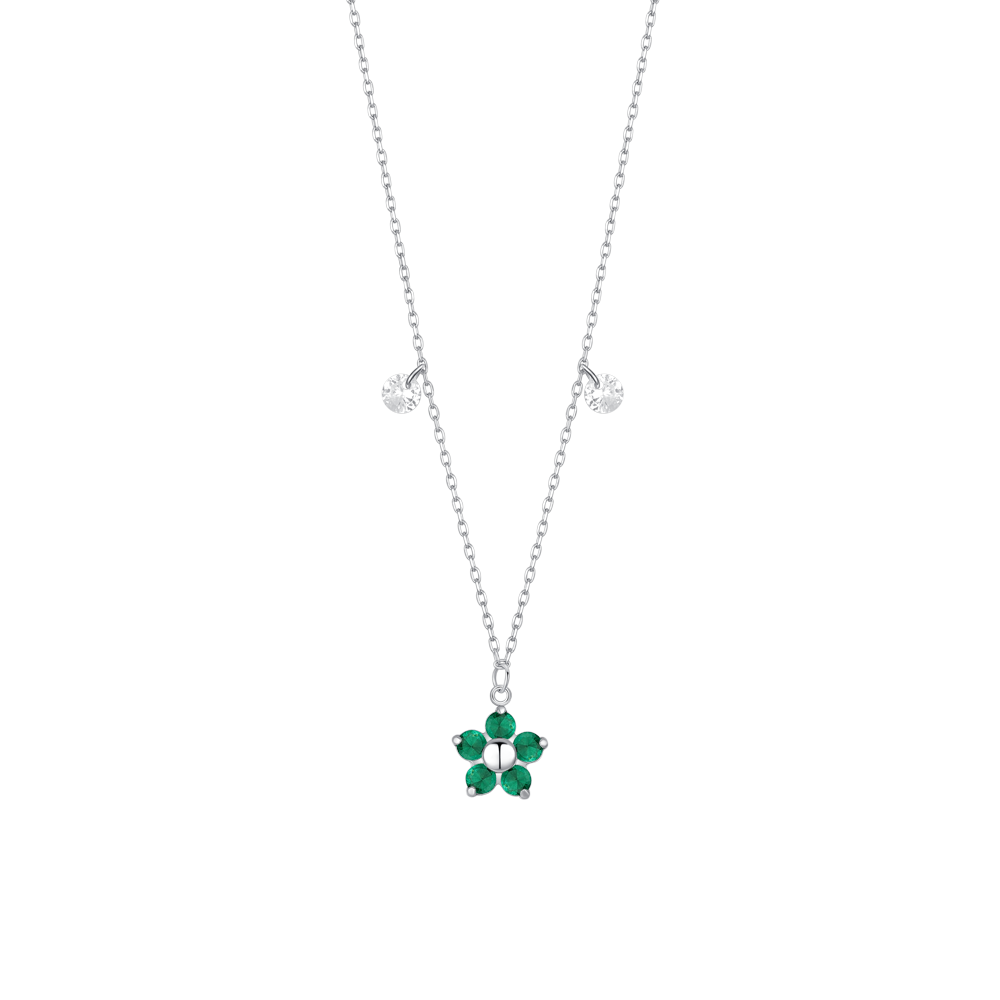 Luca Barra Women's Steel Flower Necklace with Green Zirconia