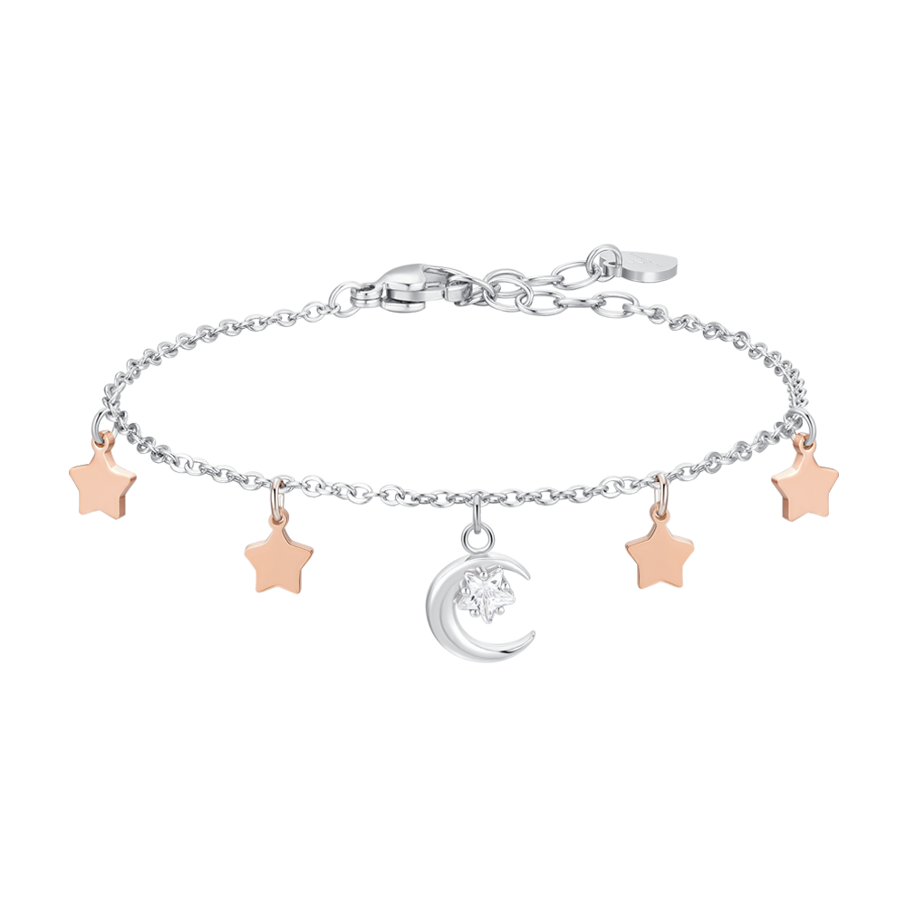 Luca Barra Women's Steel Moon Bracelet with White Zircon & Rose Pink Stars