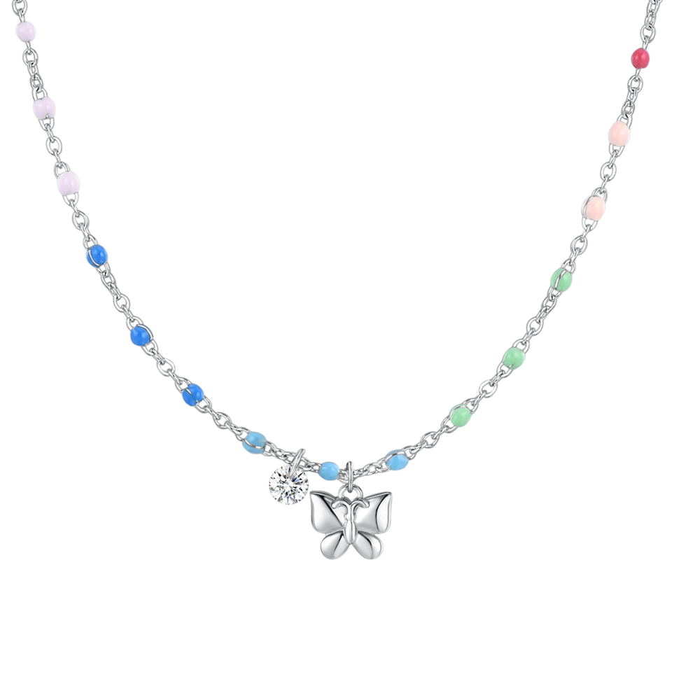 Luca Barra women's steel necklace with butterfly, crystal and multicolored enamel stones — Find Online Today