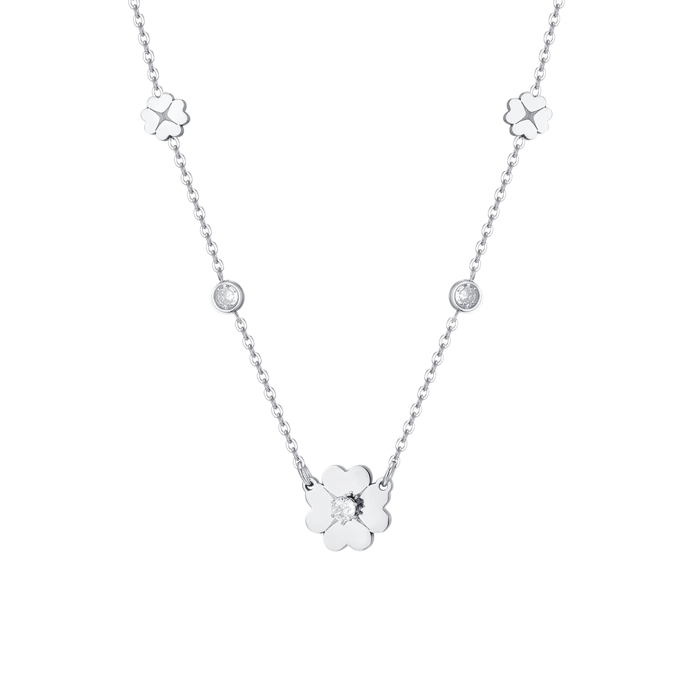 Luca Barra Women's Steel Necklace with Four-Leaf Clover & White Zircon