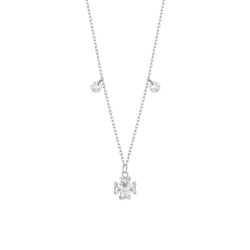 Luca Barra Women's Steel Necklace with Four-Leaf Clover & White Zircon