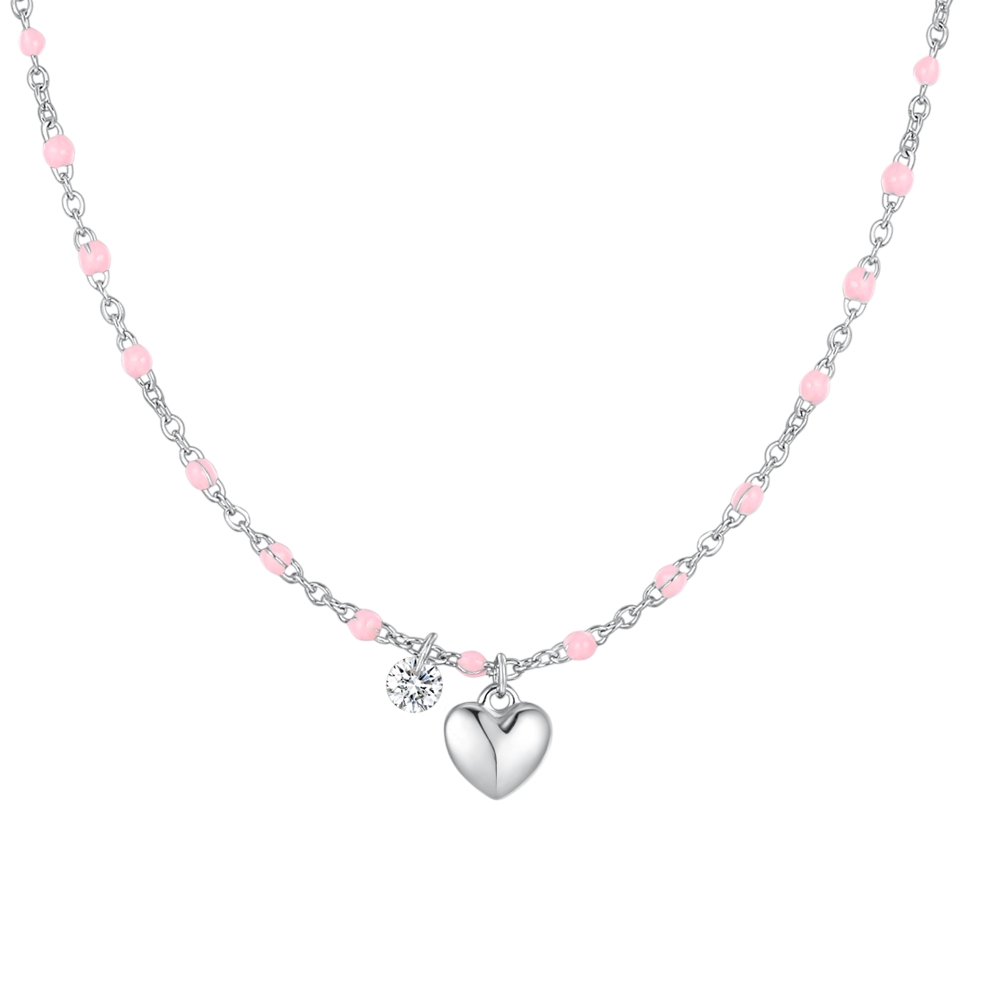 Luca Barra women’s steel necklace with heart, crystal, and pink enamel stones — Shop Now Online.