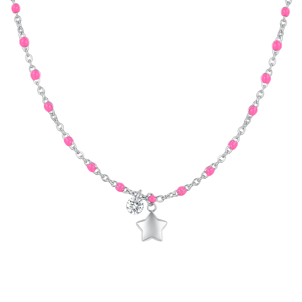Luca Barra women's steel necklace with star charm, crystal, and pink enamel stones – Available Online Today.