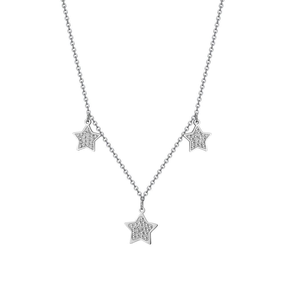 Luca Barra Women's Steel Necklace with Stars & White Crystals