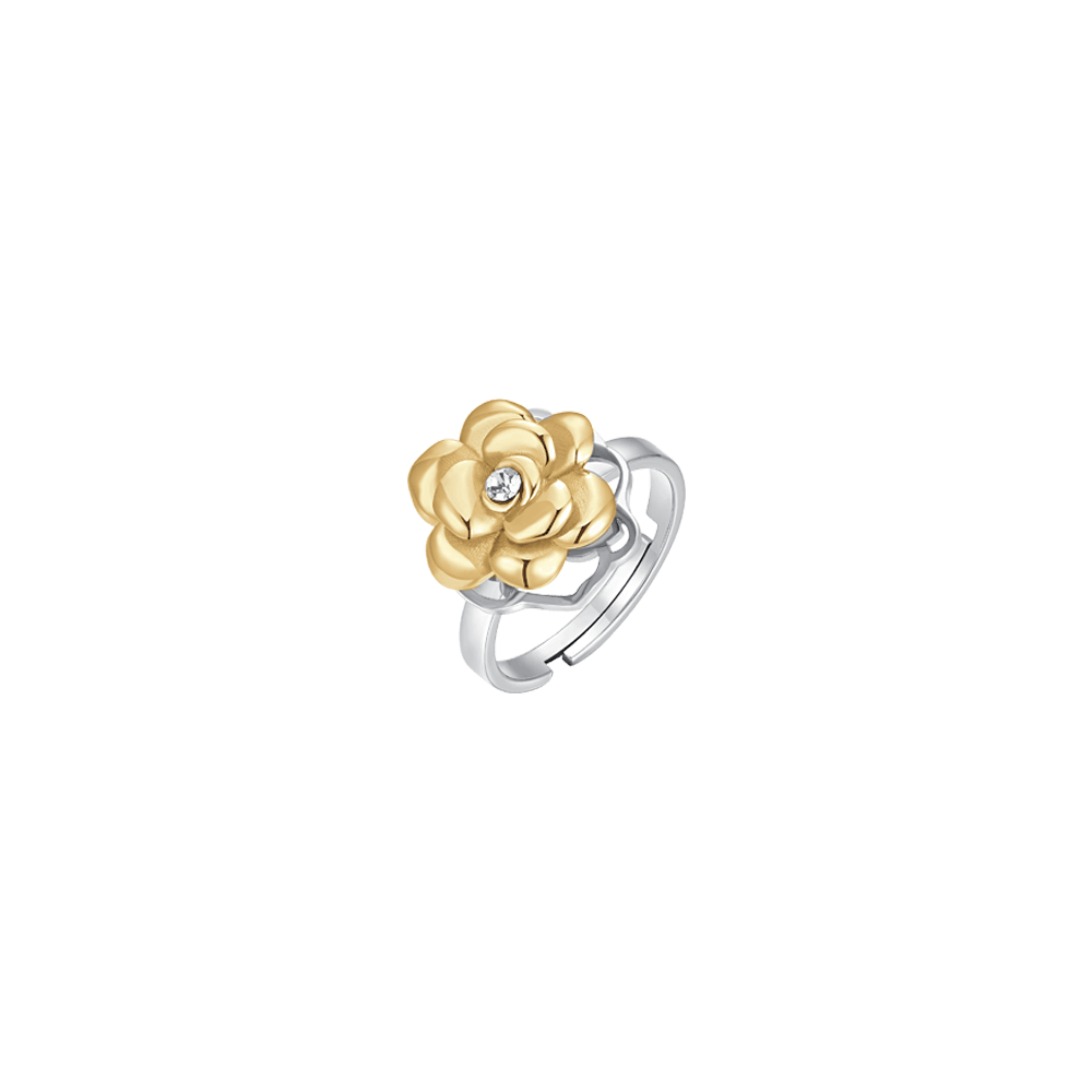 Luca Barra women’s steel ring with IP gold rotating rose and white crystal, order online today