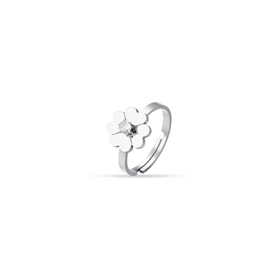 Luca Barra women’s steel ring with four-leaf clover and zircon detail, find online today