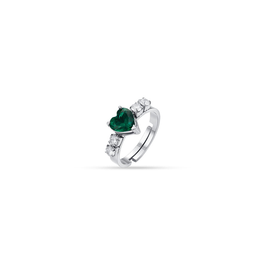 Luca Barra women’s steel ring with green heart crystal and white crystals, elegant jewelry design, find online today