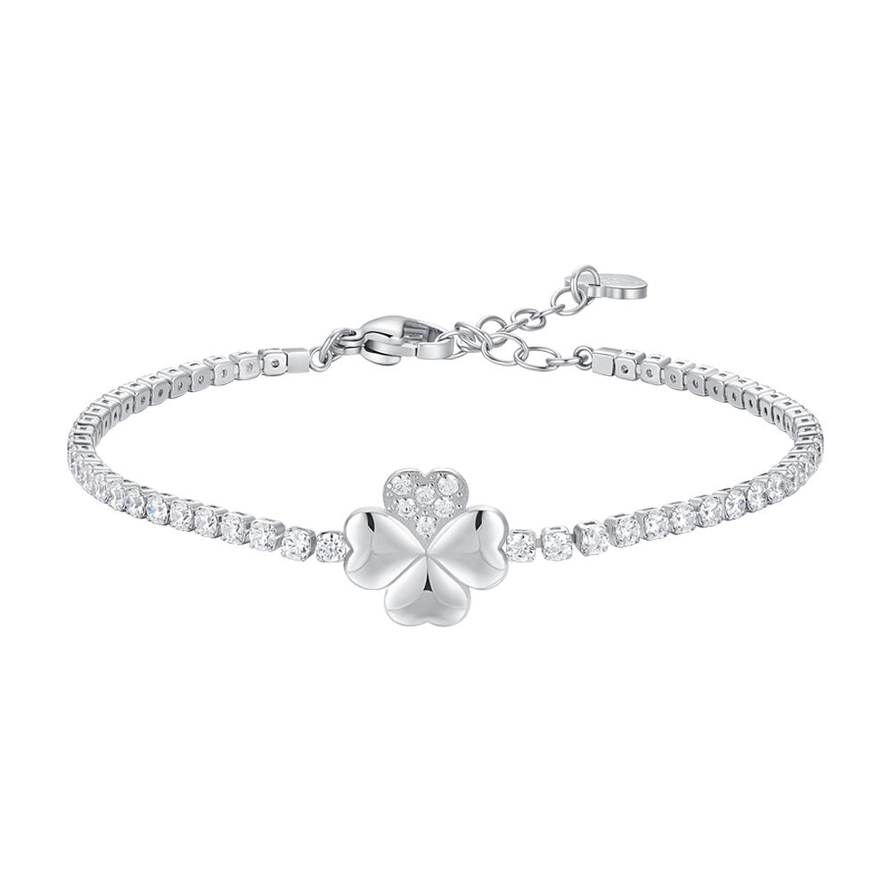 Luca Barra Women's Steel Tennis Bracelet with Four-Leaf Clover & White Zircon