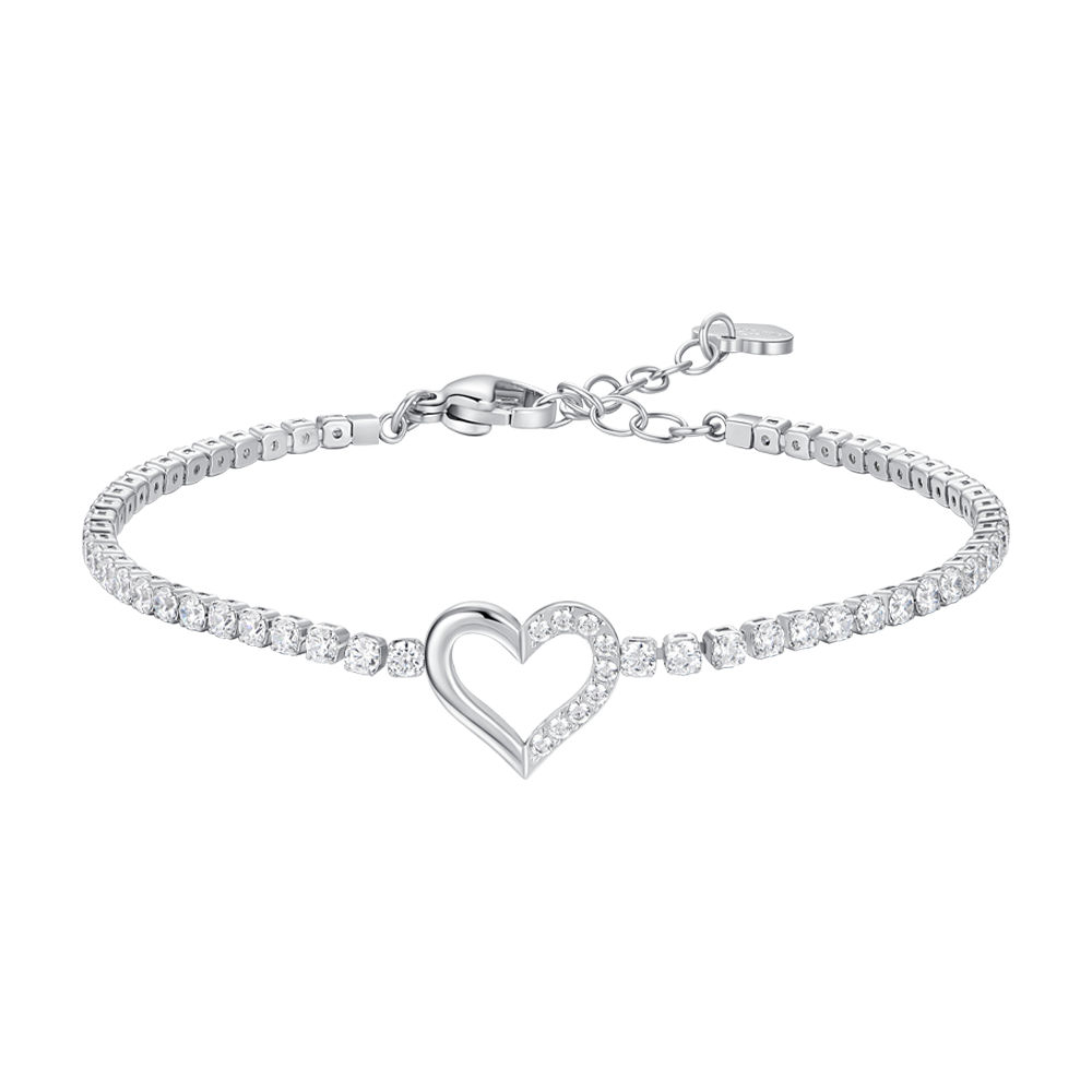 Luca Barra Women's Steel Tennis Bracelet with Heart & White Zircon