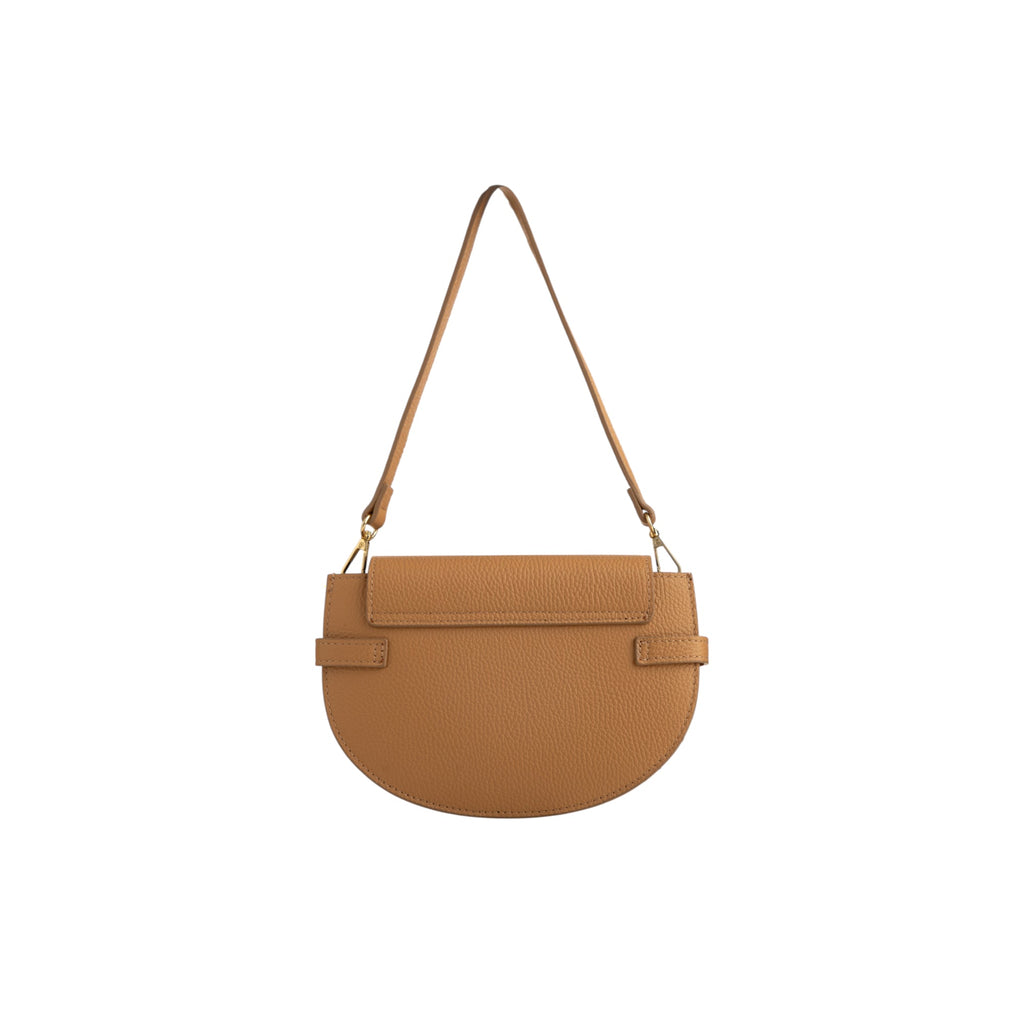 Warm beige pebbled leather half-moon shoulder bag with a flap closure, thin strap, and gold-toned hardware.
