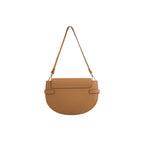 Warm beige pebbled leather half-moon shoulder bag with a flap closure, thin strap, and gold-toned hardware.